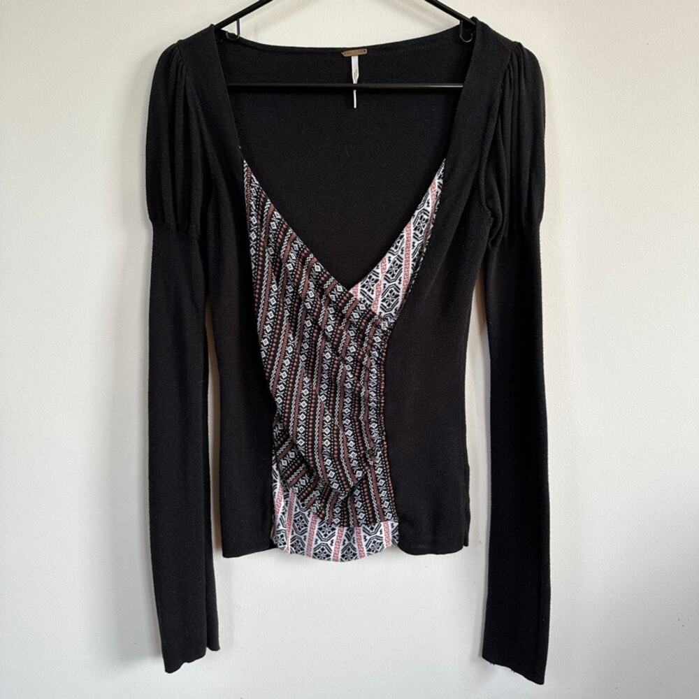 Free People Faux Wrap V-Neck Shirt Black Long Sleeve Puff Shoulder Geometric MED